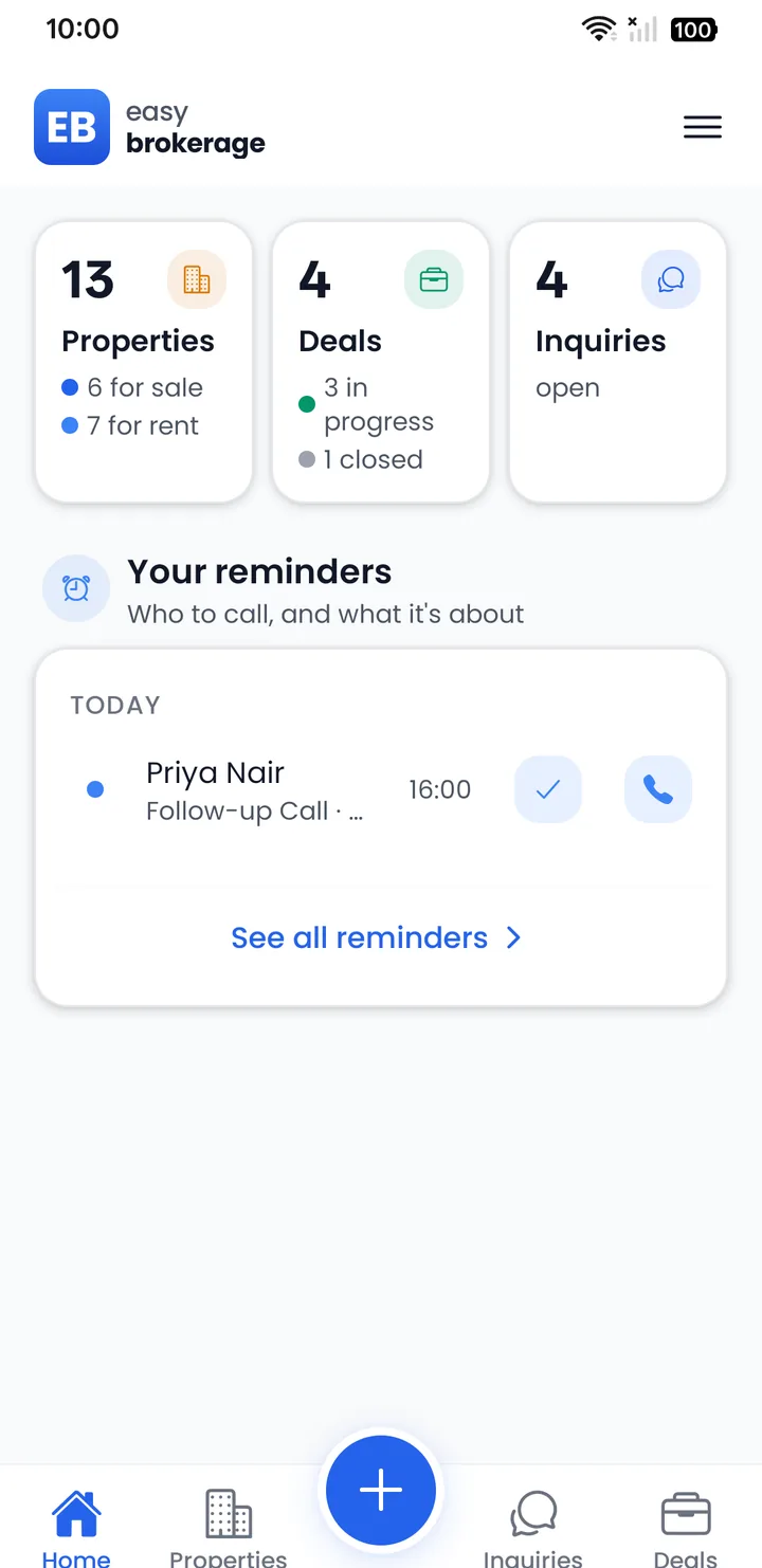 Home screen with counts of properties, deals and open inquiries, and a reminder to call Priya Nair at 16:00 with a call button