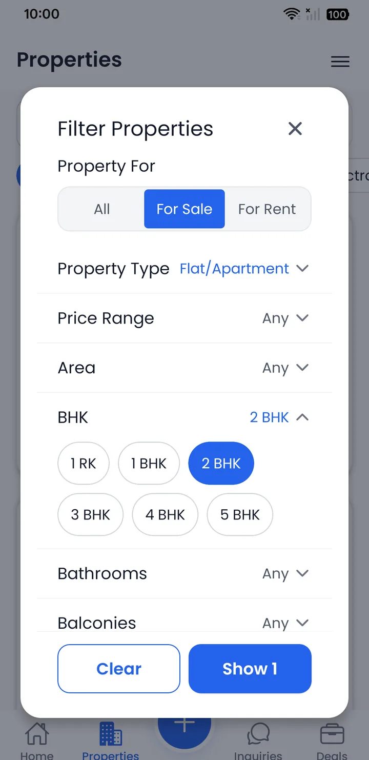 Filter Properties sheet with For Sale, Flat/Apartment and 2 BHK selected